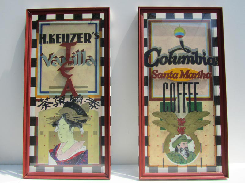 2 grote decoratieve schilderijen thee- koffie shop/winkel/bar, H.Keijzer's tea en Columbia Sante Martha Colombia Coffee