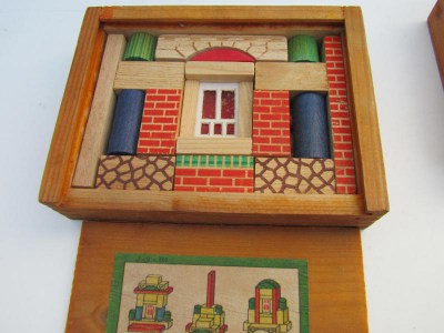 Set van 4 oude vintage houten blokkendozen