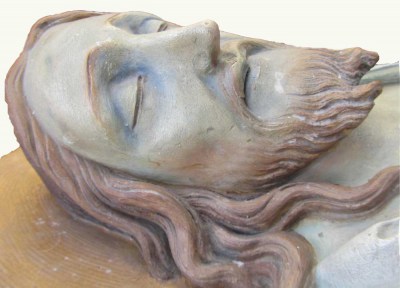 Antieke terracotta Christus in kist, statue dead Christ in thomb