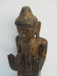 Antique Carved Wooden Gilded Statue of Standing Buddha on Lotus Base