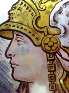 Glas in lood/gebrandschilderd medaillion hoofd van Minerva