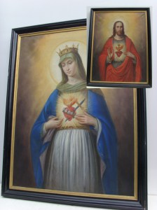 Koppel antieke schilderijen uit klooster, Maria en Christus