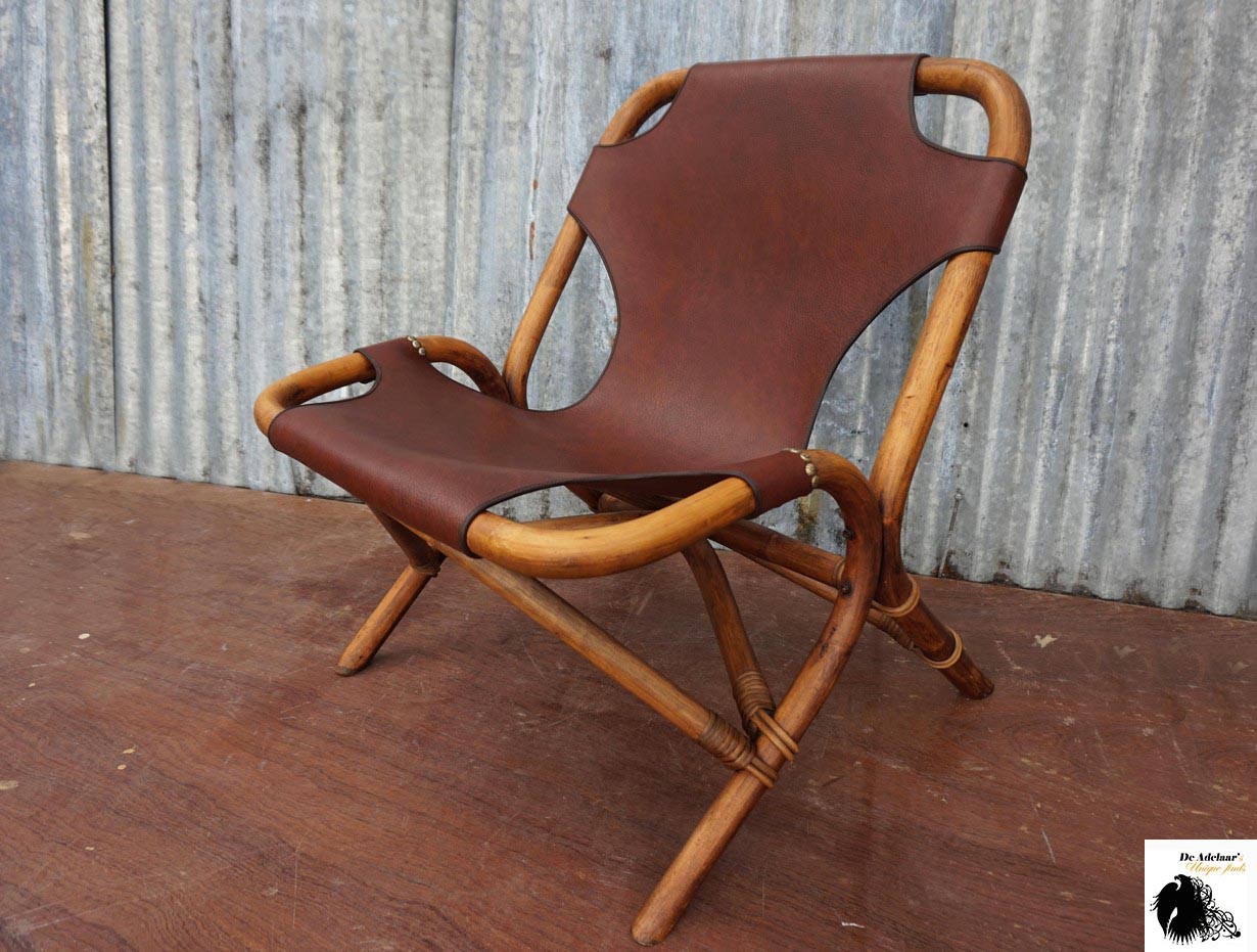 vintage, skai, lounge, fauteuil, bamboe, frame, jaren, 70, bamboo, chair, leatherette
